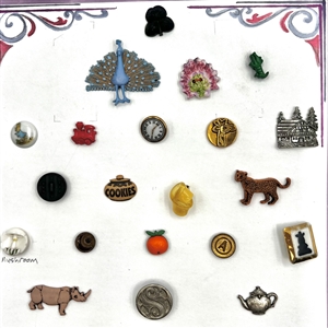 Card of twenty eight animals, plant life and other buttons. 