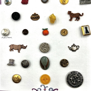 Card of twenty eight animals, plant life and other buttons. 