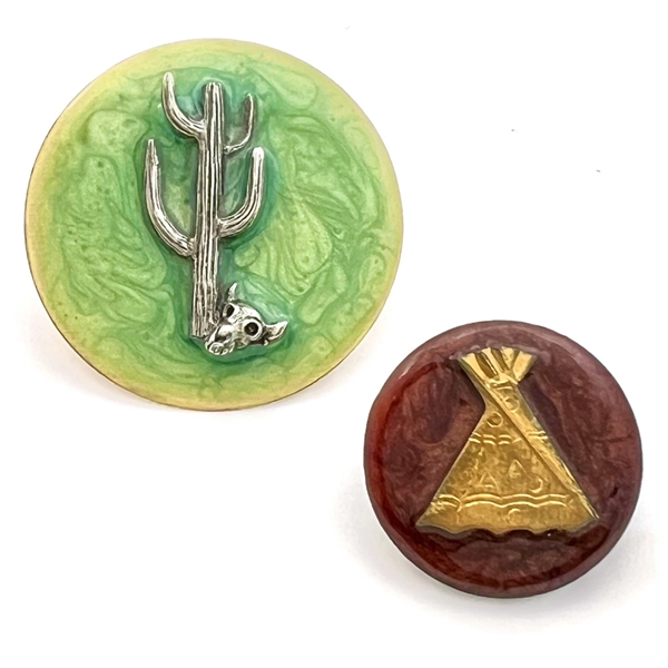 Two cold enamel studio buttons by Kevin Kinne.