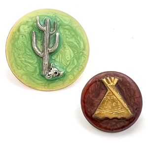 Two cold enamel studio buttons by Kevin Kinne.