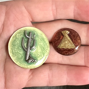 Two cold enamel studio buttons by Kevin Kinne.