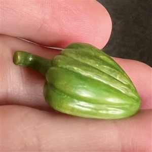 Carved Bakelite studio button of a green pepper by Beau.
