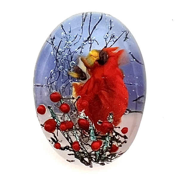 Male and female cardinals - glass studio button by Mary Gaumond.