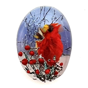 Male and female cardinals - glass studio button by Mary Gaumond.
