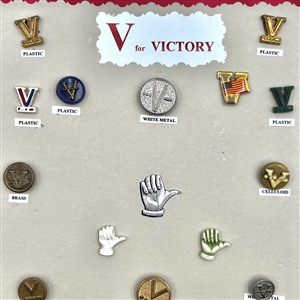 Card of eighteen V for Victory buttons. 