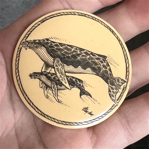 Scrimshaw on plastic of a mother whale and her calf by L. Layden.