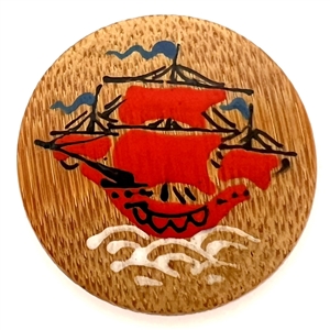 Hand painted wood button of an Asian sailing ship.