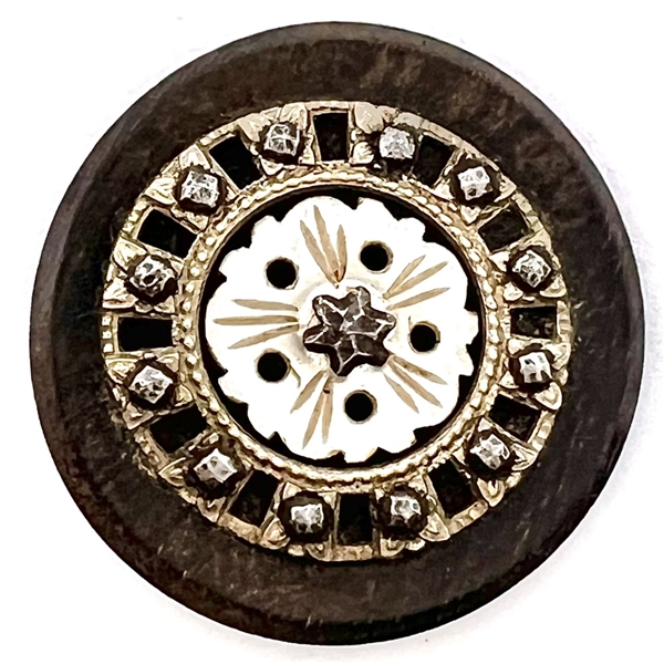 Div I  - wood button with 4 materials and steel star pin shank. 