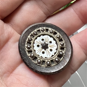 Div I  - wood button with 4 materials and steel star pin shank. 
