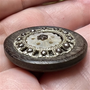 Div I  - wood button with 4 materials and steel star pin shank. 