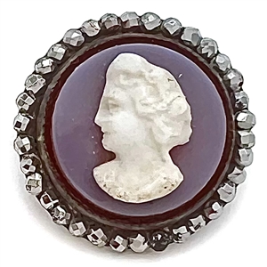 Sheet overlay - red/pink glass with white sheet overlay and womens head cameo button.