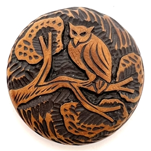Div I  - RARE wood owl button - early example of pyrography.