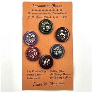 Original story card of coronation issue commemorative of Queen Elizabeth II buffed plastic buttons. 