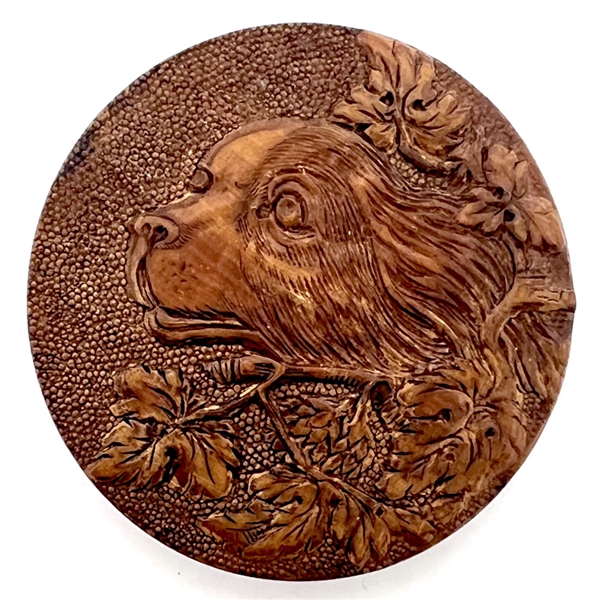 Div I  - pressed wood button of cute spaniel face in foliage. 