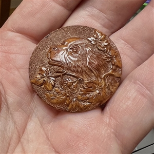 Div I  - pressed wood button of cute spaniel face in foliage. 