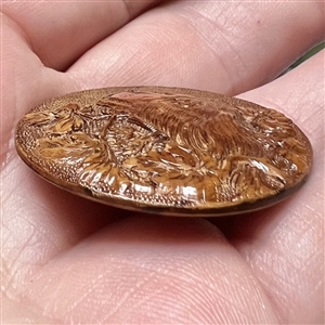 Div I  - pressed wood button of cute spaniel face in foliage. 