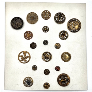 Card of 20 brass buttons of assorted subjects.