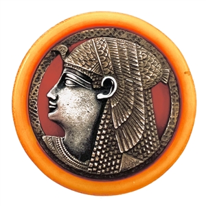DELUXE Egyptian celluloid button with silvered brass Queens head.
