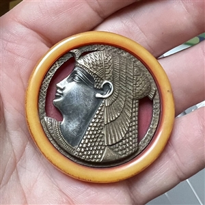 DELUXE Egyptian celluloid button with silvered brass Queen's head.