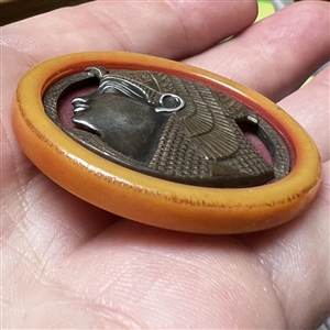 DELUXE Egyptian celluloid button with silvered brass Queen's head.