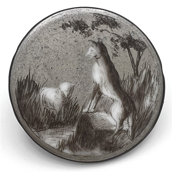 SCARCE monochrome painted porcelain button of “The Wolf and the Lamb."