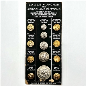 Salesmans sample card of 13 Eagle Anchor and Aeroplane buttons.
