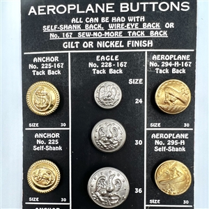 Salesman's sample card of 13 Eagle Anchor and Aeroplane buttons.
