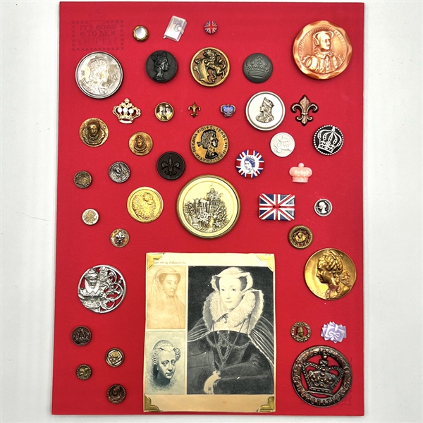 Card of 40 British Royalty themed buttons.