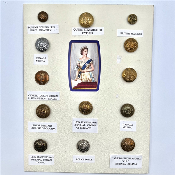 Card of 13 uniform buttons from England and Canada.
