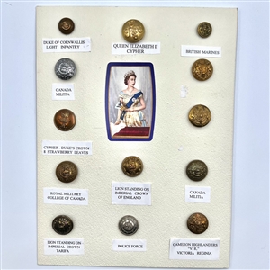 Card of 13 uniform buttons from England and Canada.