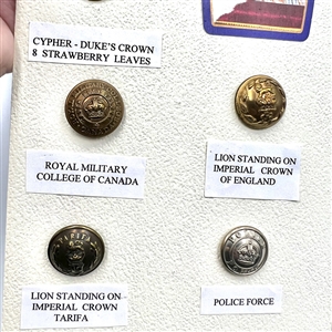 Card of 13 uniform buttons from England and Canada.