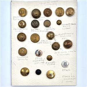 Card of 21 mostly uniform buttons.