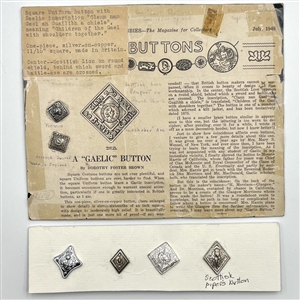 Two cards of square and diamond shaped Scottish piper and kilt Uniform buttons.
