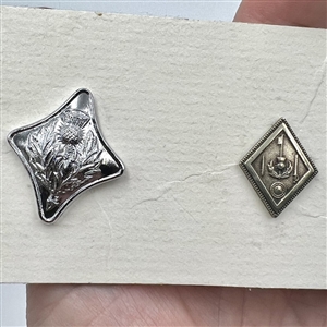 Two cards of square and diamond shaped Scottish piper and kilt Uniform buttons.