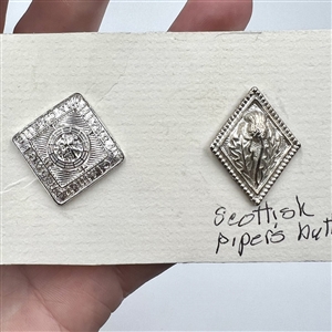 Two cards of square and diamond shaped Scottish piper and kilt Uniform buttons.