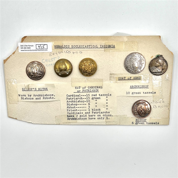 Card of 5 Ecclesiastic Livery buttons and one medal.