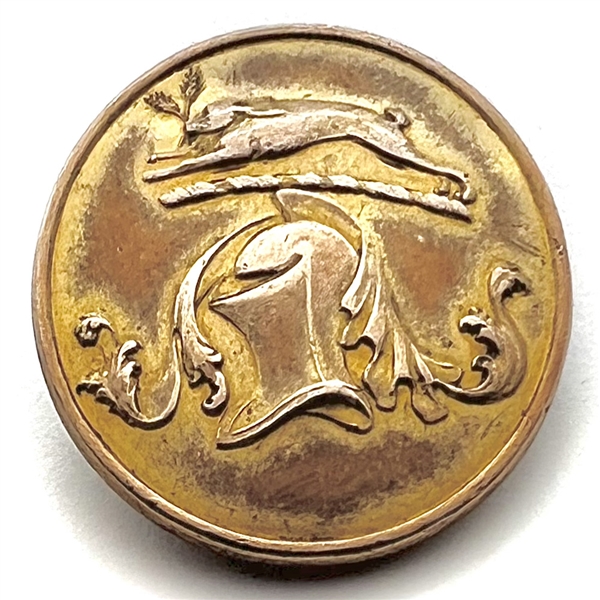 Livery crest button of a hare with helm or rank and mantle.