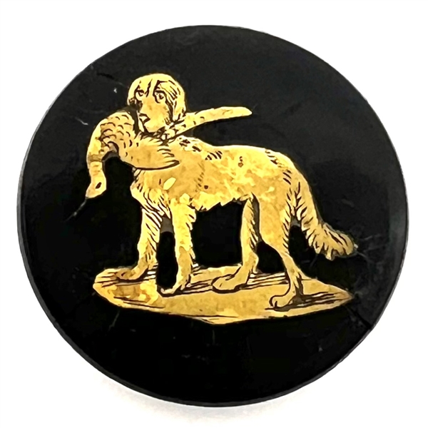 RARE paper maché (?) sporting button with brass hunting dog.