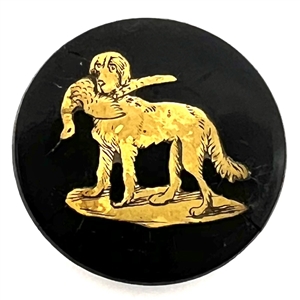 RARE paper maché (?) sporting button with brass hunting dog.