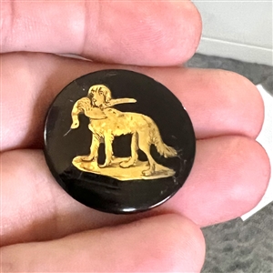 RARE paper maché (?) sporting button with brass hunting dog.