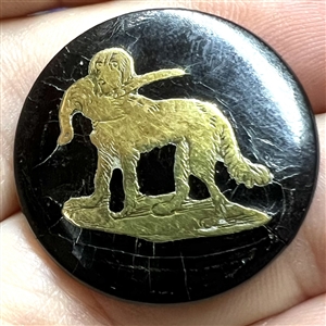 RARE paper maché (?) sporting button with brass hunting dog.