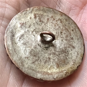 Silvered copper Asian button of an enameled flower.