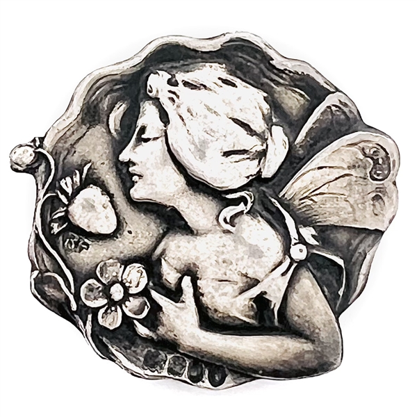 Art Nouveau Hallmarked silver button of a fairy with a strawberry. 