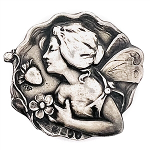 Art Nouveau Hallmarked silver button of a fairy with a strawberry. 