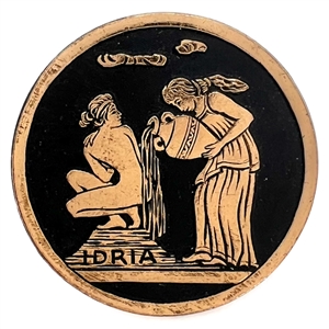 Greek Mythological aluminum button of Queen Nymph Eidyia being bathed.
