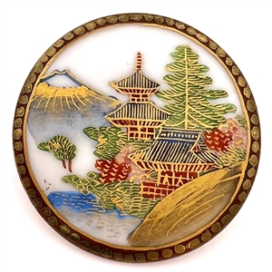 HUGE Kutani Japanese porcelain button of pagodas in Mt. Fuji scene.