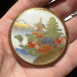 HUGE Kutani Japanese porcelain button of pagodas in Mt. Fuji scene.