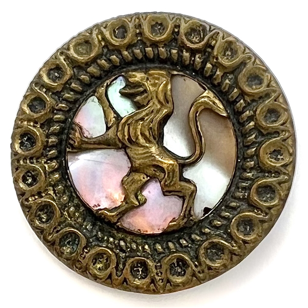 A 19th c. pearl background button in brass with rampant lion.