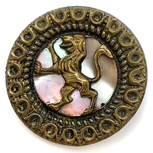 A 19th c. pearl background button in brass with rampant lion.