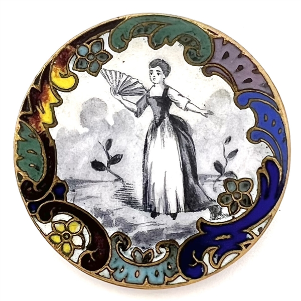 A 19th c. enamel button of woman with a fan.